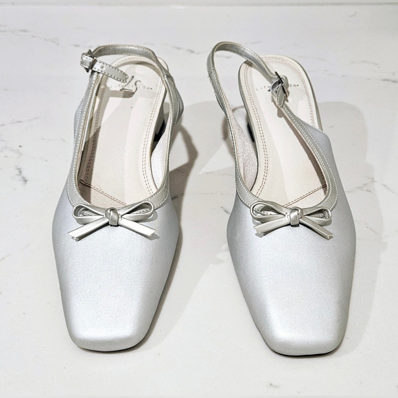 Slingback Pump Heels Jovie Womens Size 8.5 Silver Ballet Toe Bow Front - Picture 2 of 6